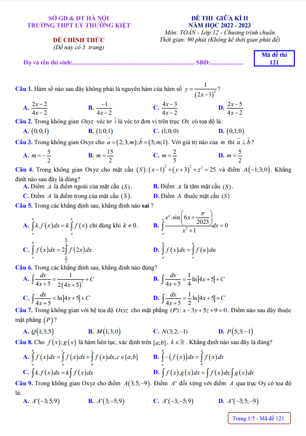 Đề giữa kì 2 Toán 12 năm 2022 2023 trường THPT Lý Thường Kiệt Hà Nội