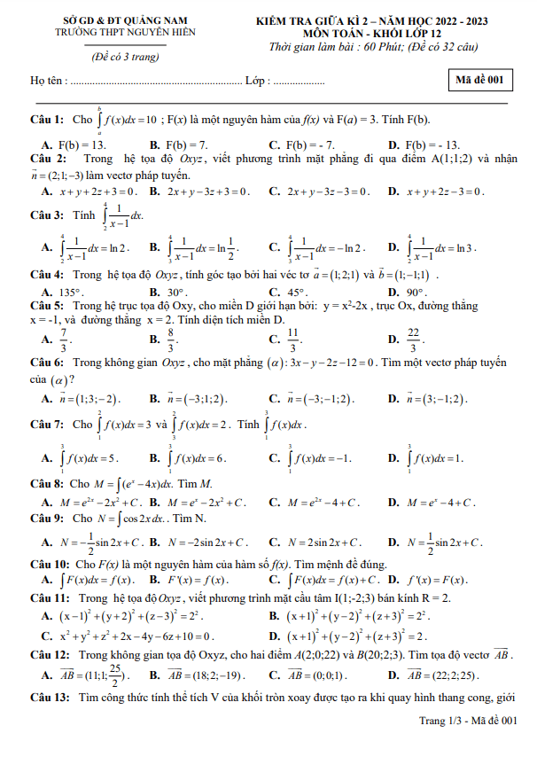 Đề giữa kì 2 Toán 12 năm 2022 2023 trường THPT Nguyễn Hiền Quảng Nam