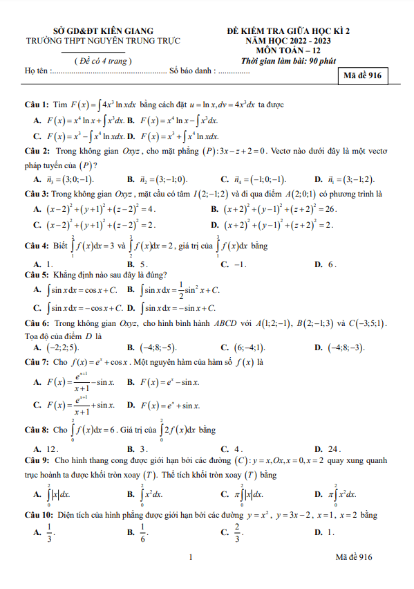 Đề giữa kì 2 Toán 12 năm 2022 2023 trường THPT Nguyễn Trung Trực Kiên Giang