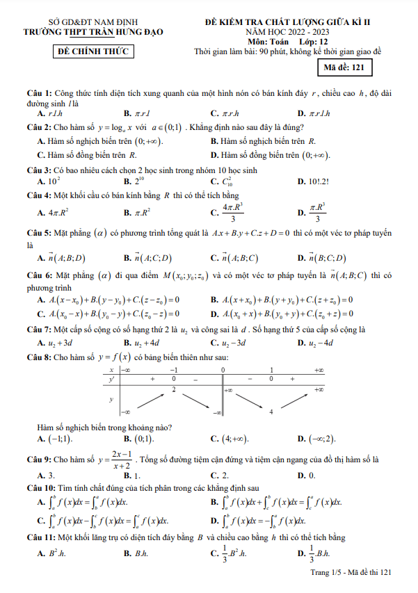 Đề giữa kì 2 Toán 12 năm 2022 2023 trường THPT Trần Hưng Đạo Nam Định