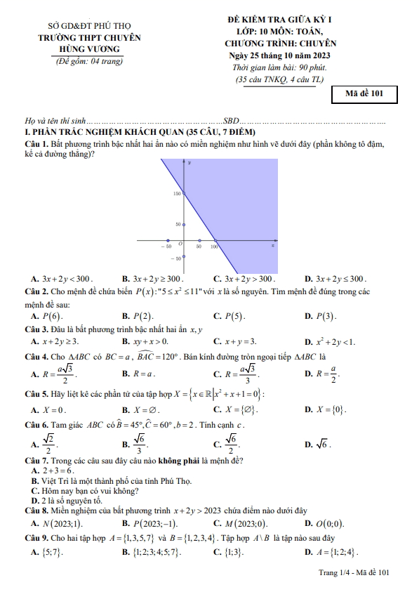 Đề giữa kỳ 1 Toán 10 chuyên năm 2023 2024 trường chuyên Hùng Vương Phú Thọ