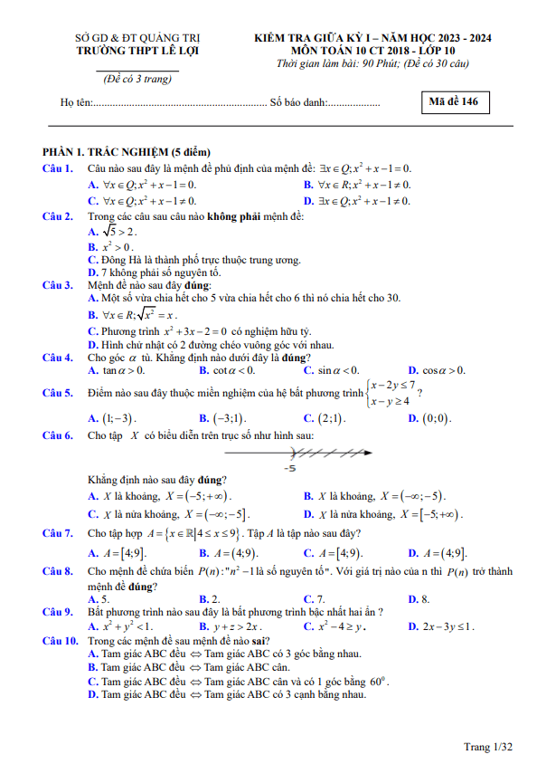 Đề giữa kỳ 1 Toán 10 KNTTVCS năm 2023 2024 trường THPT Lê Lợi Quảng Trị