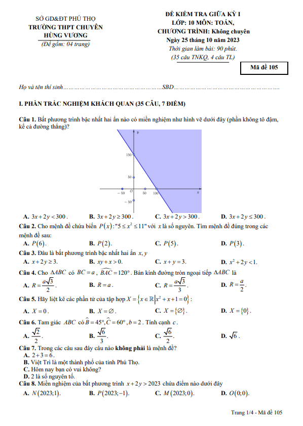 Đề giữa kỳ 1 Toán 10 năm 2023 2024 trường chuyên Hùng Vương Phú Thọ
