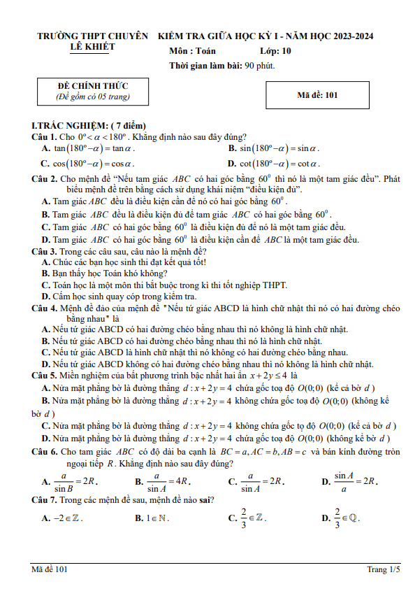 Đề giữa kỳ 1 Toán 10 năm 2023 2024 trường chuyên Lê Khiết Quảng Ngãi