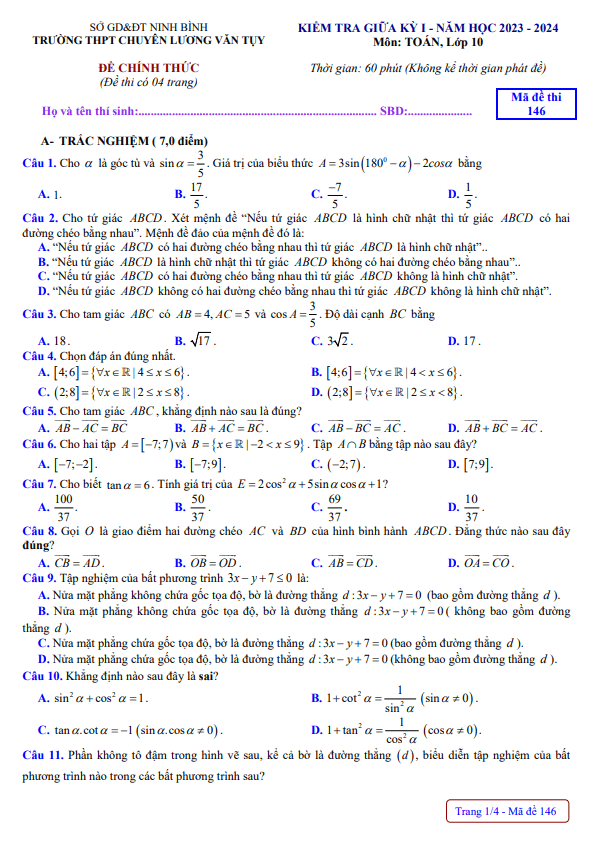 Đề giữa kỳ 1 Toán 10 năm 2023 2024 trường chuyên Lương Văn Tụy Ninh Bình