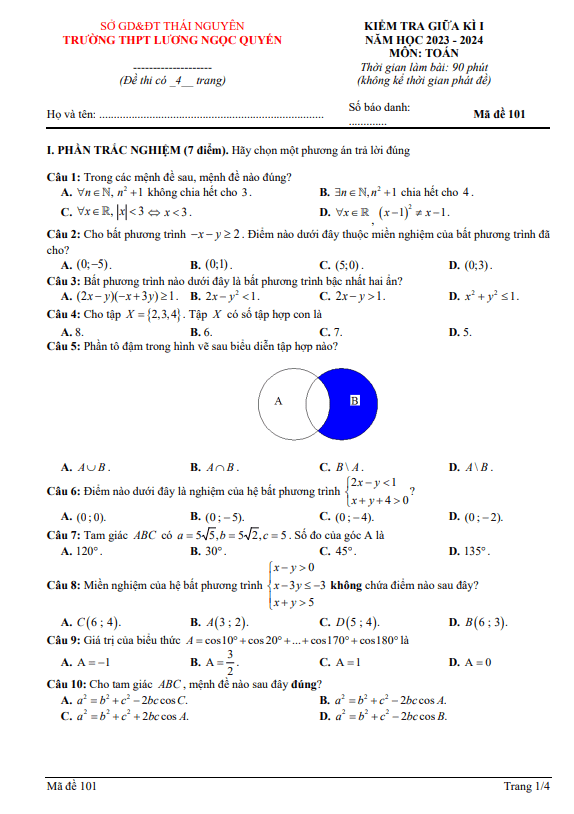 Đề giữa kỳ 1 Toán 10 năm 2023 2024 trường THPT Lương Ngọc Quyến Thái Nguyên