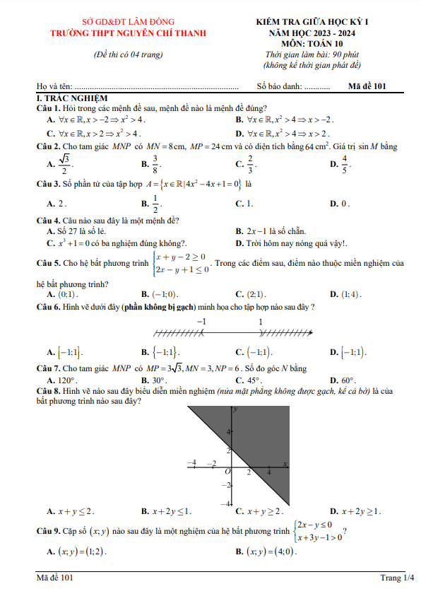 Đề giữa kỳ 1 Toán 10 năm 2023 2024 trường THPT Nguyễn Chí Thanh Lâm Đồng