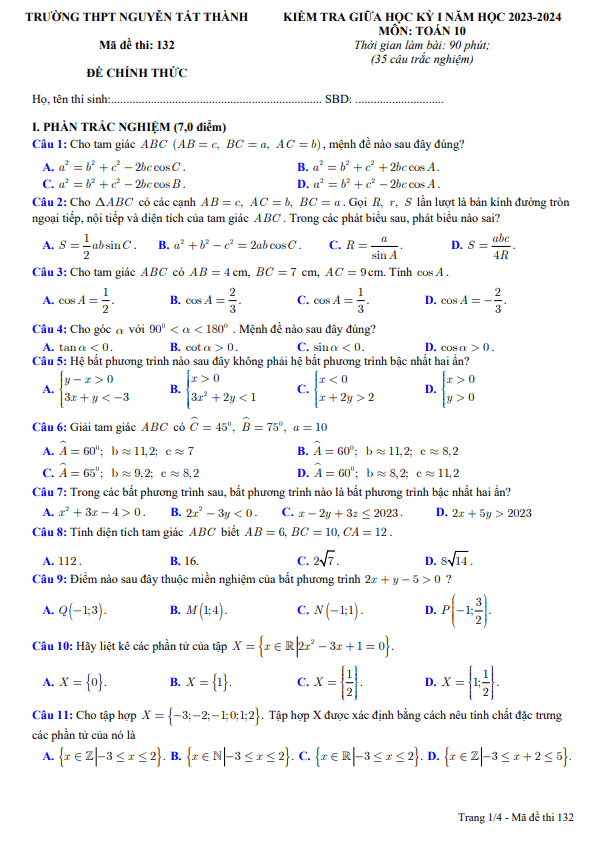 Đề giữa kỳ 1 Toán 10 năm 2023 2024 trường THPT Nguyễn Tất Thành Đắk Nông
