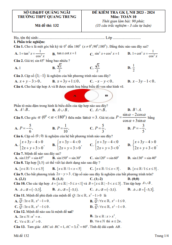 Đề giữa kỳ 1 Toán 10 năm 2023 2024 trường THPT Quang Trung Quảng Ngãi