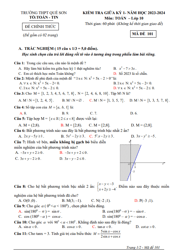 Đề giữa kỳ 1 Toán 10 năm 2023 2024 trường THPT Quế Sơn Quảng Nam