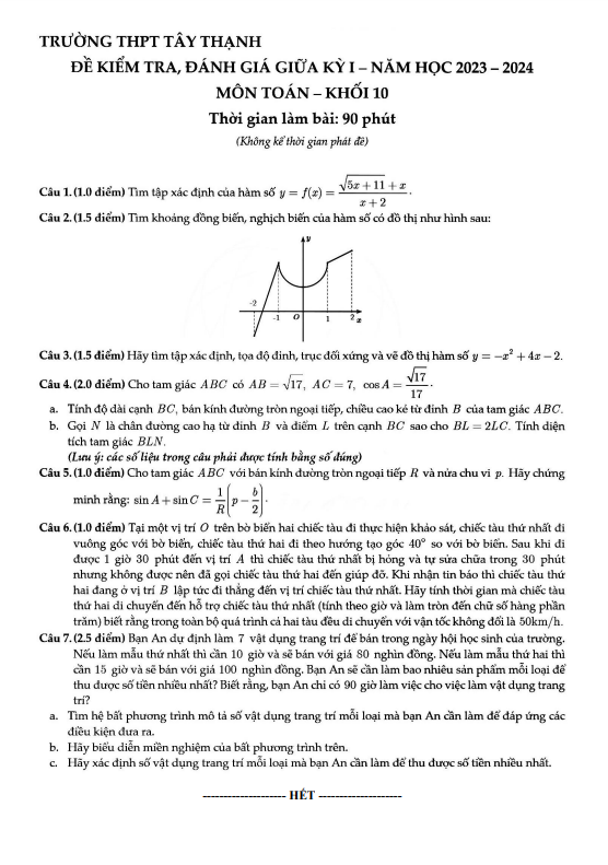 Đề giữa kỳ 1 Toán 10 năm 2023 2024 trường THPT Tây Thạnh TP HCM