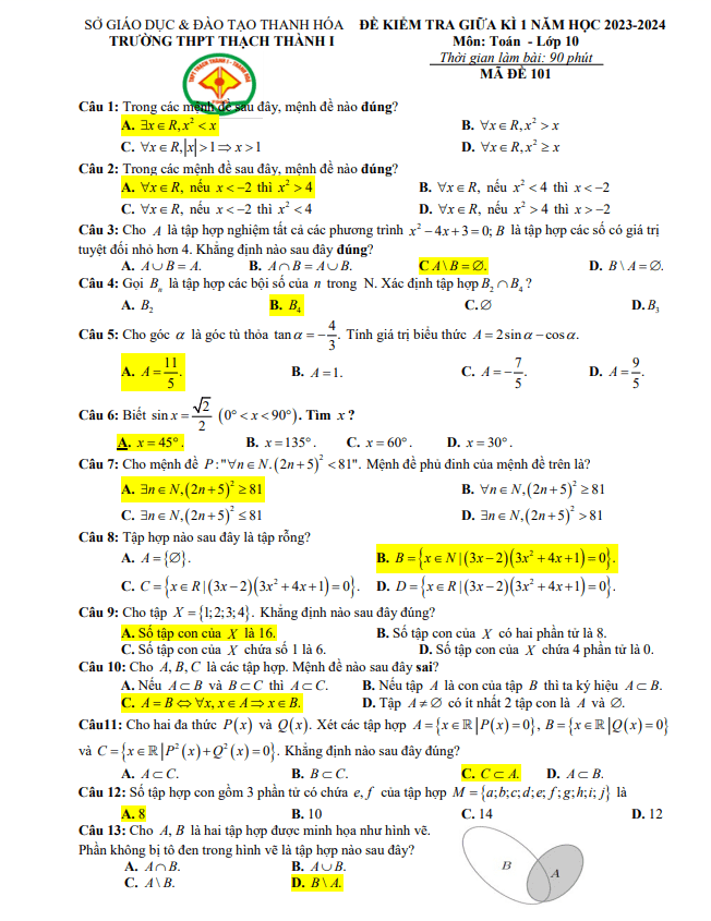 Đề giữa kỳ 1 Toán 10 năm 2023 2024 trường THPT Thạch Thành 1 Thanh Hóa