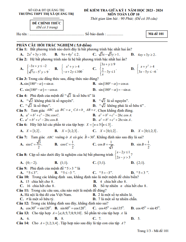 Đề giữa kỳ 1 Toán 10 năm 2023 2024 trường THPT Thị xã Quảng Trị