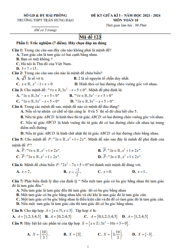 Đề giữa kỳ 1 Toán 10 năm 2023 2024 trường THPT Trần Hưng Đạo Hải Phòng