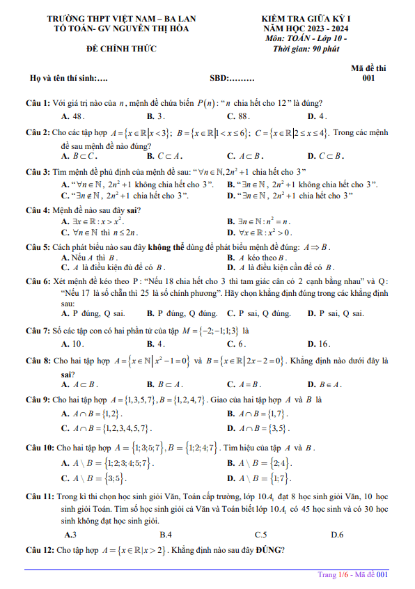 Đề giữa kỳ 1 Toán 10 năm 2023 2024 trường THPT Việt Nam Ba Lan Hà Nội