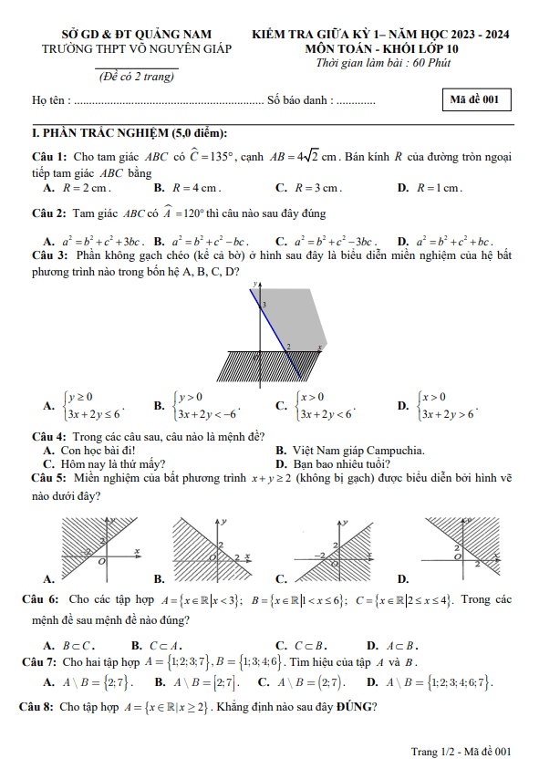 Đề giữa kỳ 1 Toán 10 năm 2023 2024 trường THPT Võ Nguyên Giáp Quảng Nam
