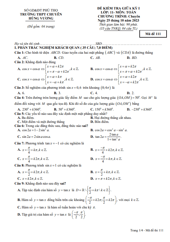 Đề giữa kỳ 1 Toán 11 chuyên năm 2023 2024 trường chuyên Hùng Vương Phú Thọ