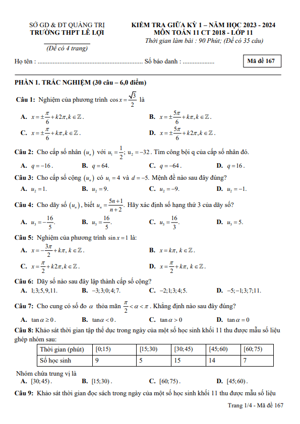 Đề giữa kỳ 1 Toán 11 KNTTVCS năm 2023 2024 trường THPT Lê Lợi Quảng Trị