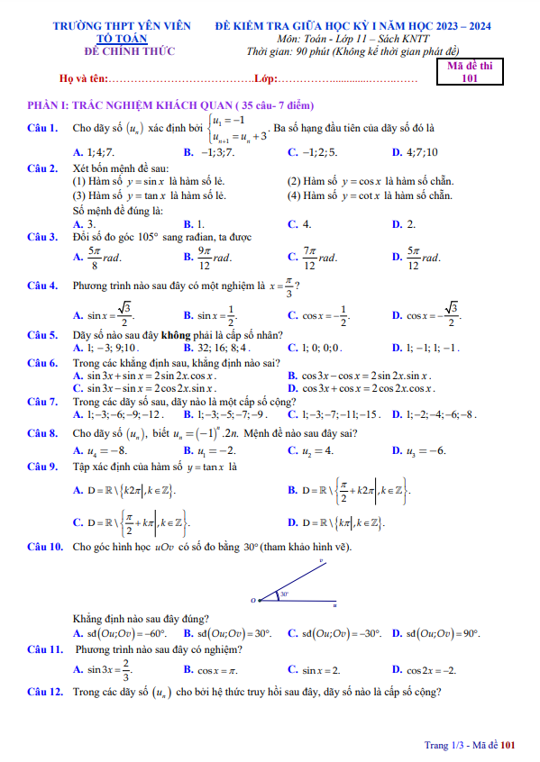 Đề giữa kỳ 1 Toán 11 KNTTVCS năm 2023 2024 trường THPT Yên Viên Hà Nội