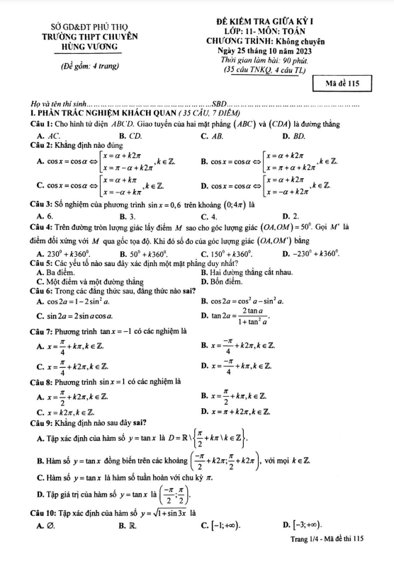 Đề giữa kỳ 1 Toán 11 năm 2023 2024 trường chuyên Hùng Vương Phú Thọ
