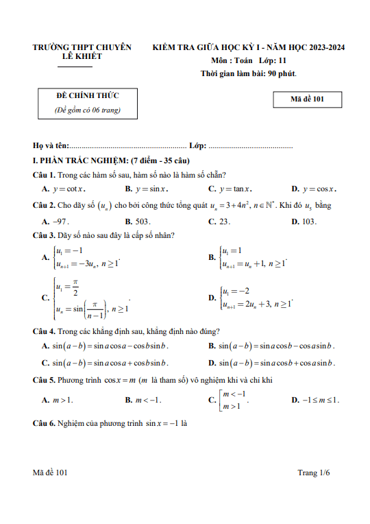 Đề giữa kỳ 1 Toán 11 năm 2023 2024 trường chuyên Lê Khiết Quảng Ngãi