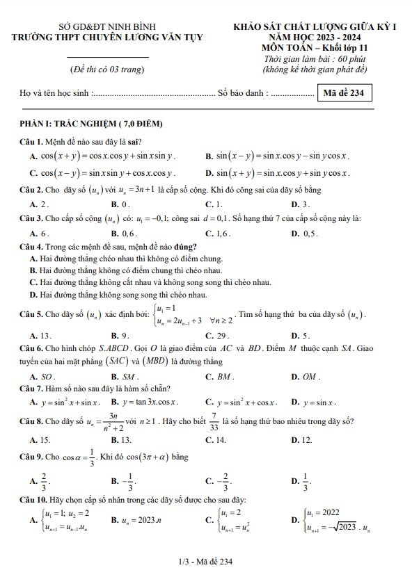 Đề giữa kỳ 1 Toán 11 năm 2023 2024 trường chuyên Lương Văn Tụy Ninh Bình