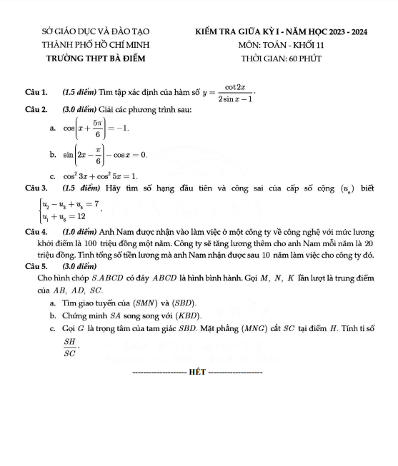 Đề giữa kỳ 1 Toán 11 năm 2023 2024 trường THPT Bà Điểm TP HCM