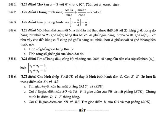 Đề giữa kỳ 1 Toán 11 năm 2023 2024 trường THPT Bùi Thị Xuân TP HCM