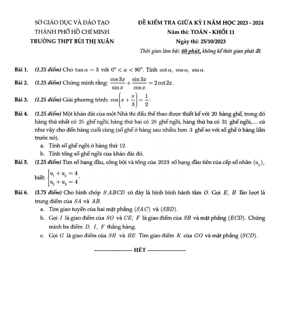 Đề giữa kỳ 1 Toán 11 năm 2023 2024 trường THPT Bùi Thị Xuân TP HCM
