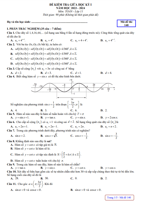 Đề giữa kỳ 1 Toán 11 năm 2023 2024 trường THPT chuyên Quốc học Huế