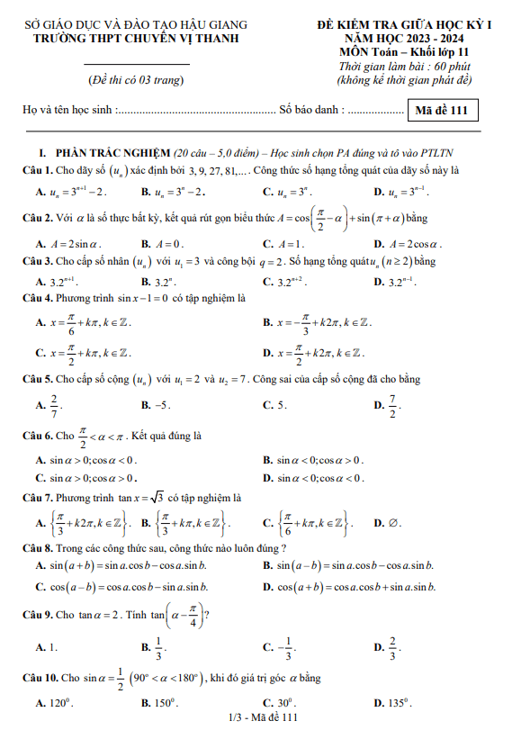 Đề giữa kỳ 1 Toán 11 năm 2023 2024 trường THPT chuyên Vị Thanh Hậu Giang
