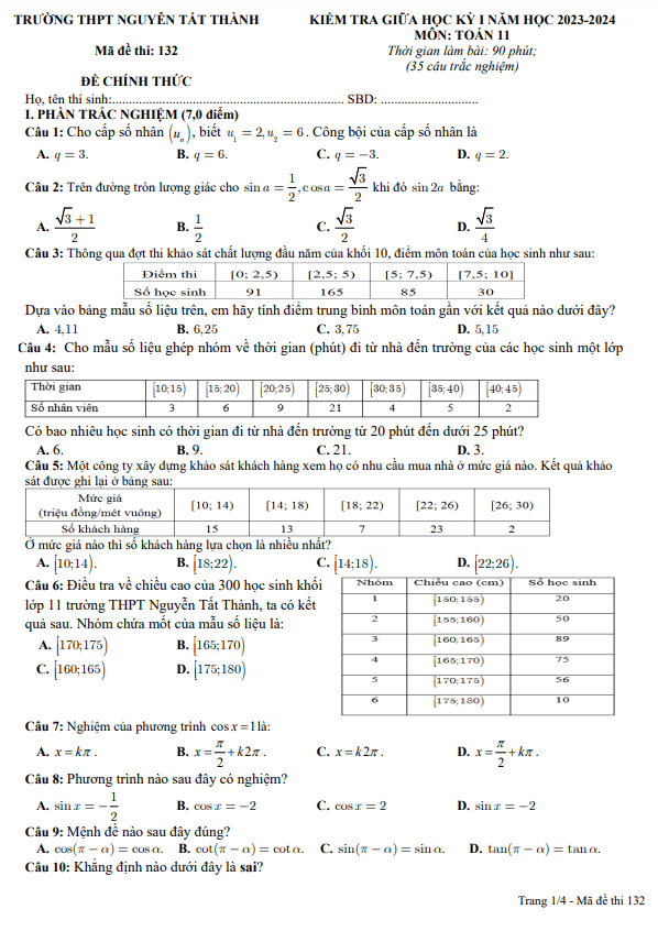 Đề giữa kỳ 1 Toán 11 năm 2023 2024 trường THPT Nguyễn Tất Thành Đắk Nông