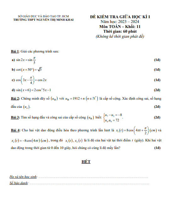 Đề giữa kỳ 1 Toán 11 năm 2023 2024 trường THPT Nguyễn Thị Minh Khai TP HCM