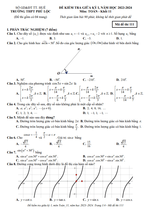 Đề giữa kỳ 1 Toán 11 năm 2023 2024 trường THPT Phú Lộc TT Huế