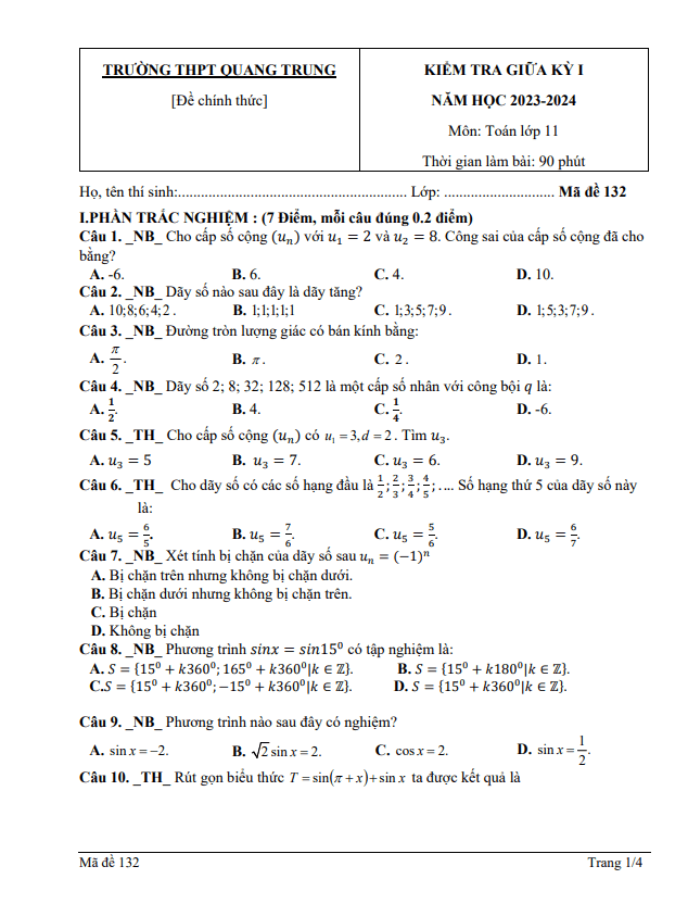 Đề giữa kỳ 1 Toán 11 năm 2023 2024 trường THPT Quang Trung Quảng Ngãi