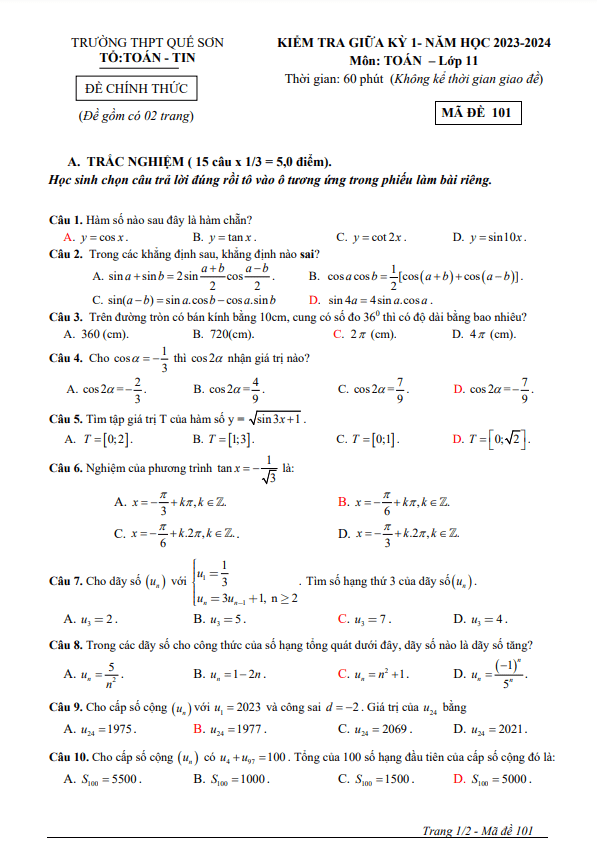 Đề giữa kỳ 1 Toán 11 năm 2023 2024 trường THPT Quế Sơn Quảng Nam