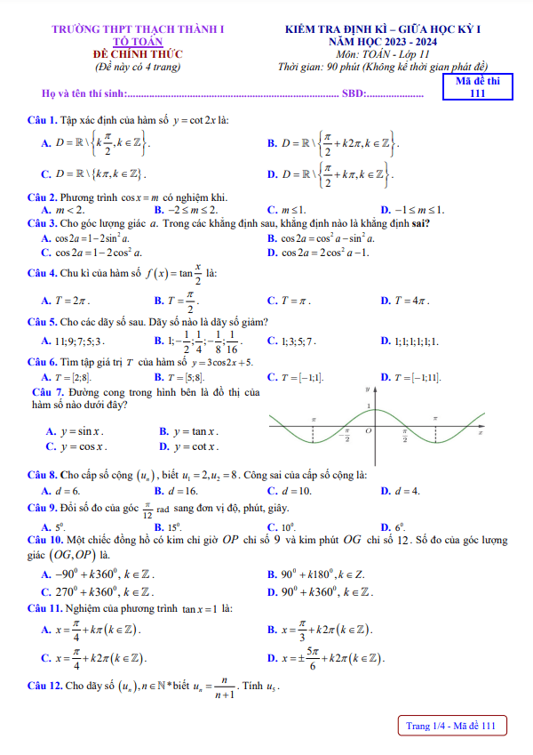 Đề giữa kỳ 1 Toán 11 năm 2023 2024 trường THPT Thạch Thành 1 Thanh Hóa