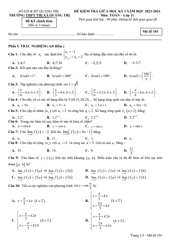 Đề giữa kỳ 1 Toán 11 năm 2023 2024 trường THPT Thị xã Quảng Trị