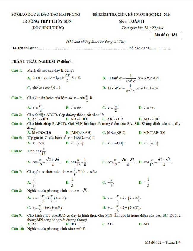 Đề giữa kỳ 1 Toán 11 năm 2023 2024 trường THPT Thủy Sơn Hải Phòng