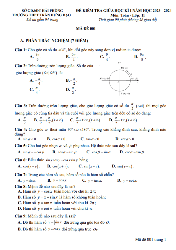 Đề giữa kỳ 1 Toán 11 năm 2023 2024 trường THPT Trần Hưng Đạo Hải Phòng