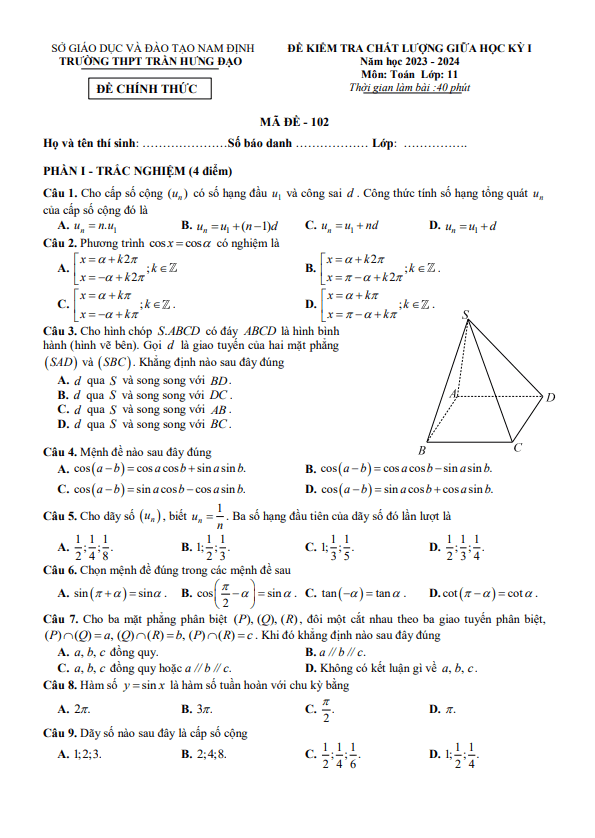 Đề giữa kỳ 1 Toán 11 năm 2023 2024 trường THPT Trần Hưng Đạo Nam Định