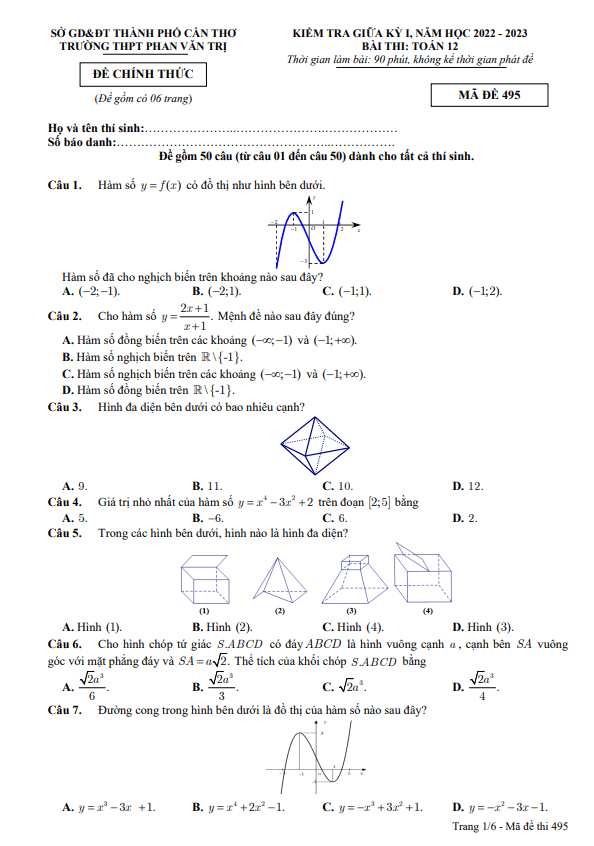 Đề giữa kỳ 1 Toán 12 năm 2022 2023 trường THPT Phan Văn Trị Cần Thơ