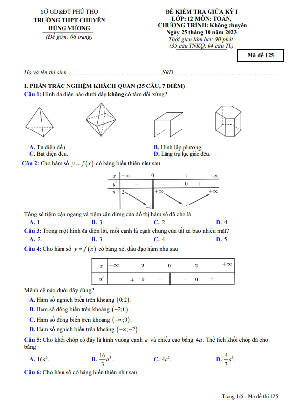 Đề giữa kỳ 1 Toán 12 năm 2023 2024 trường chuyên Hùng Vương Phú Thọ