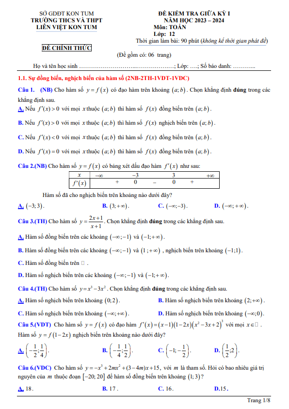 Đề giữa kỳ 1 Toán 12 năm 2023 2024 trường THCS&THPT Liên Việt Kon Tum