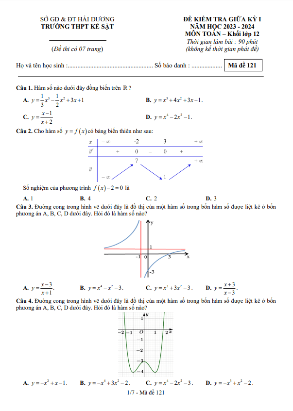 Đề giữa kỳ 1 Toán 12 năm 2023 2024 trường THPT Kẻ Sặt Hải Dương
