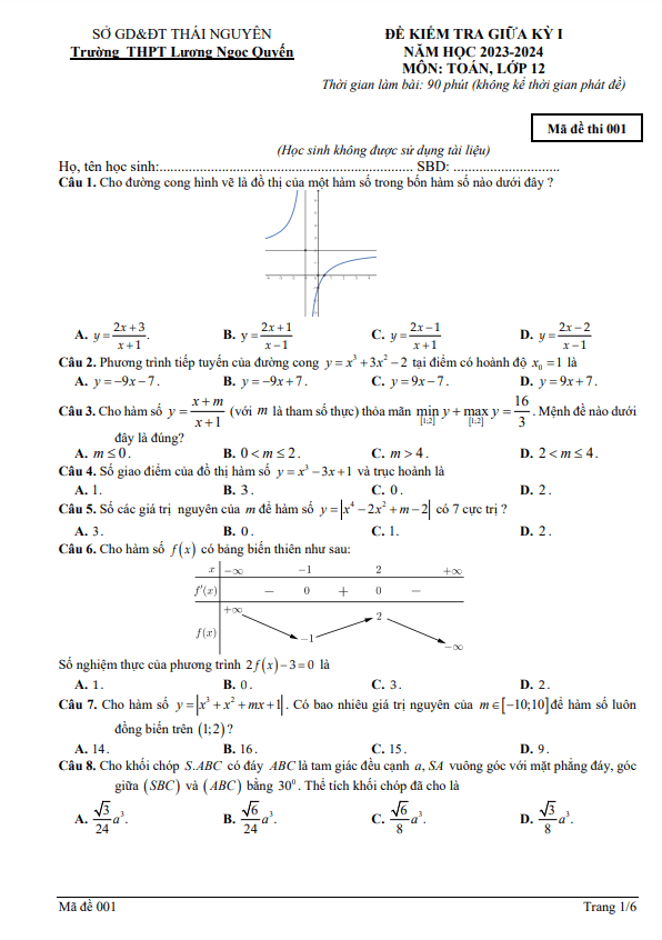 Đề giữa kỳ 1 Toán 12 năm 2023 2024 trường THPT Lương Ngọc Quyến Thái Nguyên
