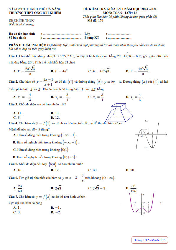 Đề giữa kỳ 1 Toán 12 năm 2023 2024 trường THPT Ông Ích Khiêm Đà Nẵng