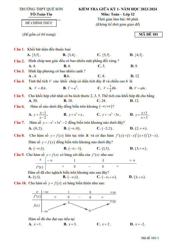 Đề giữa kỳ 1 Toán 12 năm 2023 2024 trường THPT Quế Sơn Quảng Nam