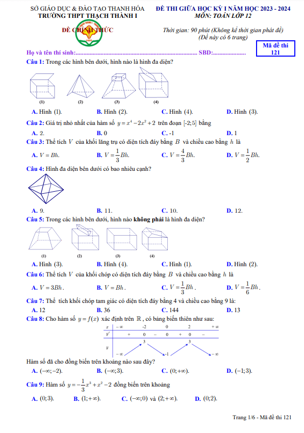 Đề giữa kỳ 1 Toán 12 năm 2023 2024 trường THPT Thạch Thành 1 Thanh Hóa