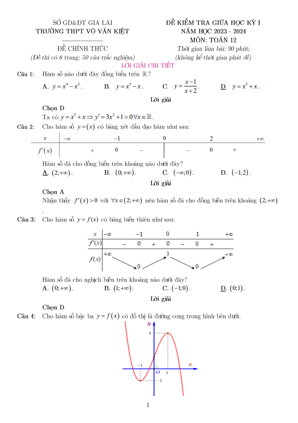 Đề giữa kỳ 1 Toán 12 năm 2023 2024 trường THPT Võ Văn Kiệt Gia Lai